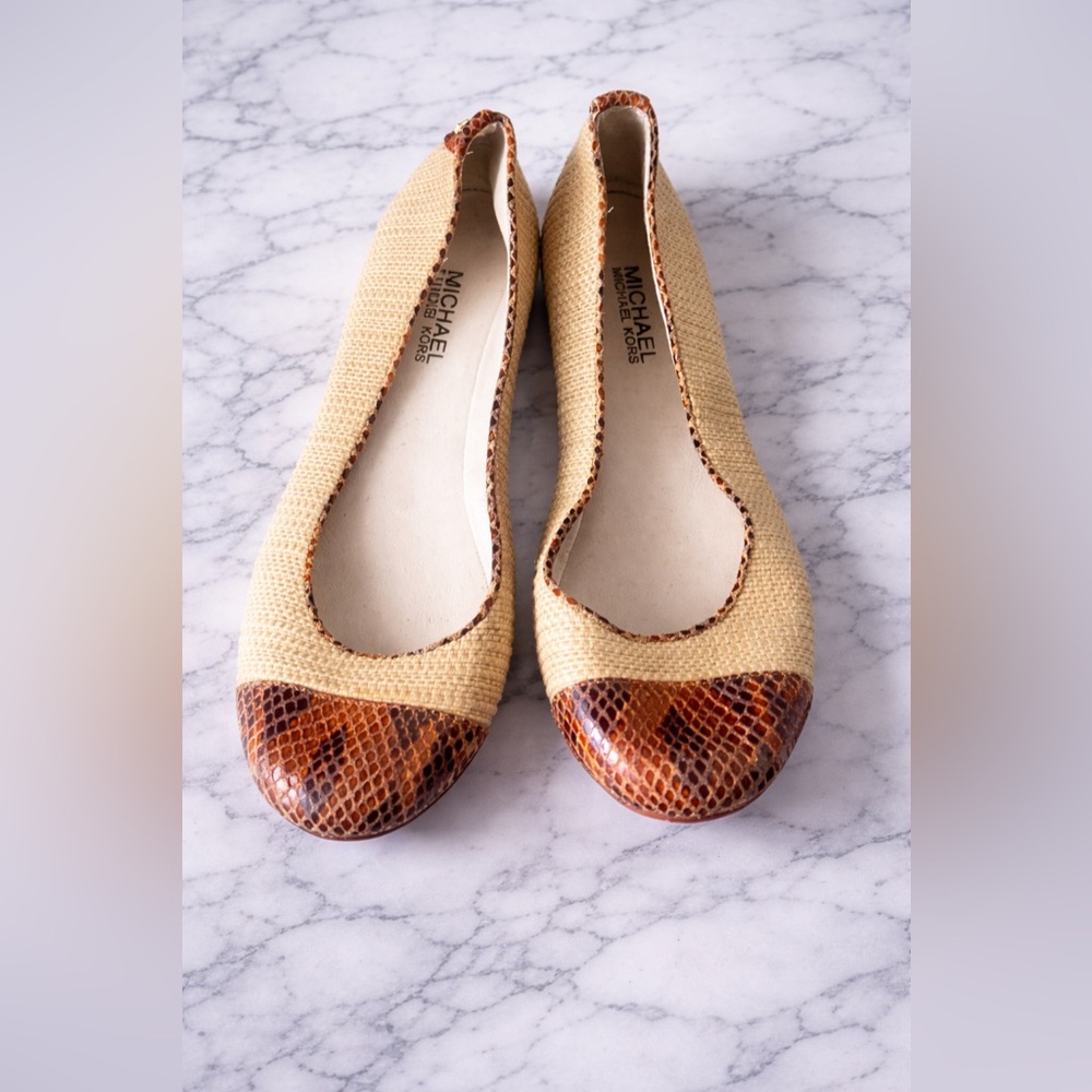 Michael Kors Natural Raffia Ballet Flats with Brown Snakeskin Cap Toe